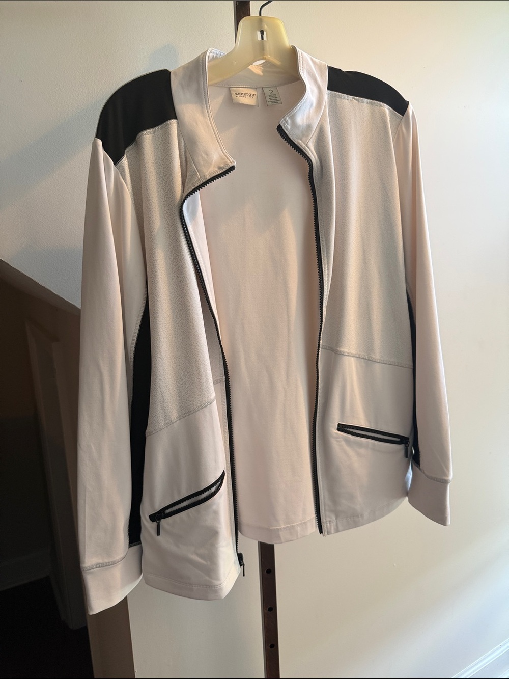 Chico’s Light Pink and Black Contrast Bomber Jacket for Women
